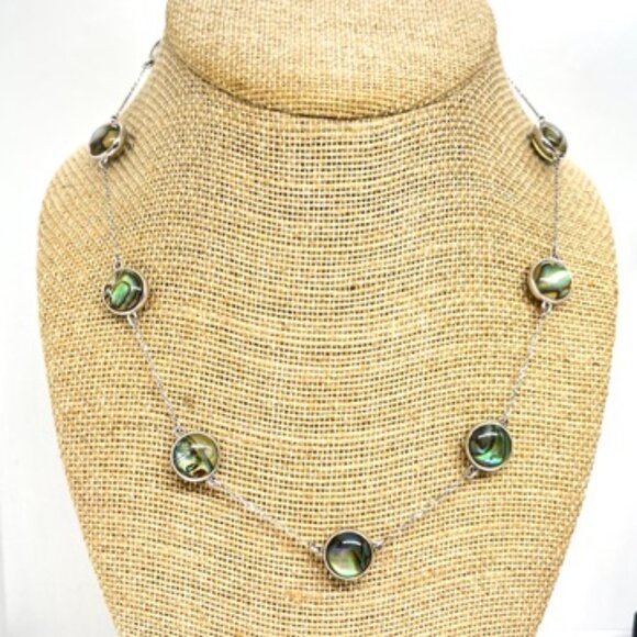 ABALONE SHELL MOTHER OF PEARL 925 STERLING SILVER STATION LINK NECKLACE 18" - Picture 4 of 16